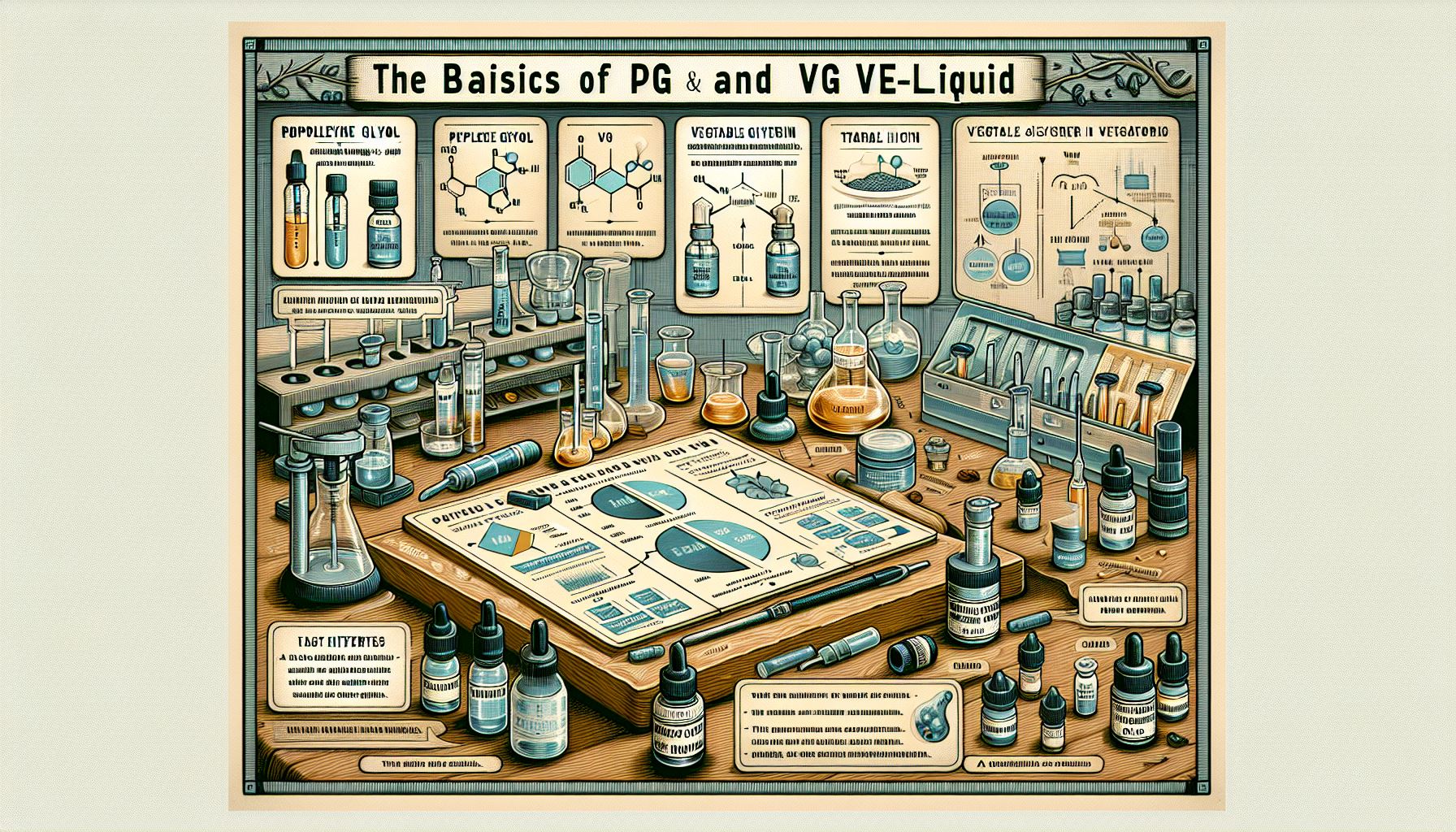 An educational illustration visualizing the principles of Propylene Glycol (PG) and Vegetable Glycerin (VG) types of e-liquids. The image should contain labeled diagrams explaining the composition of 